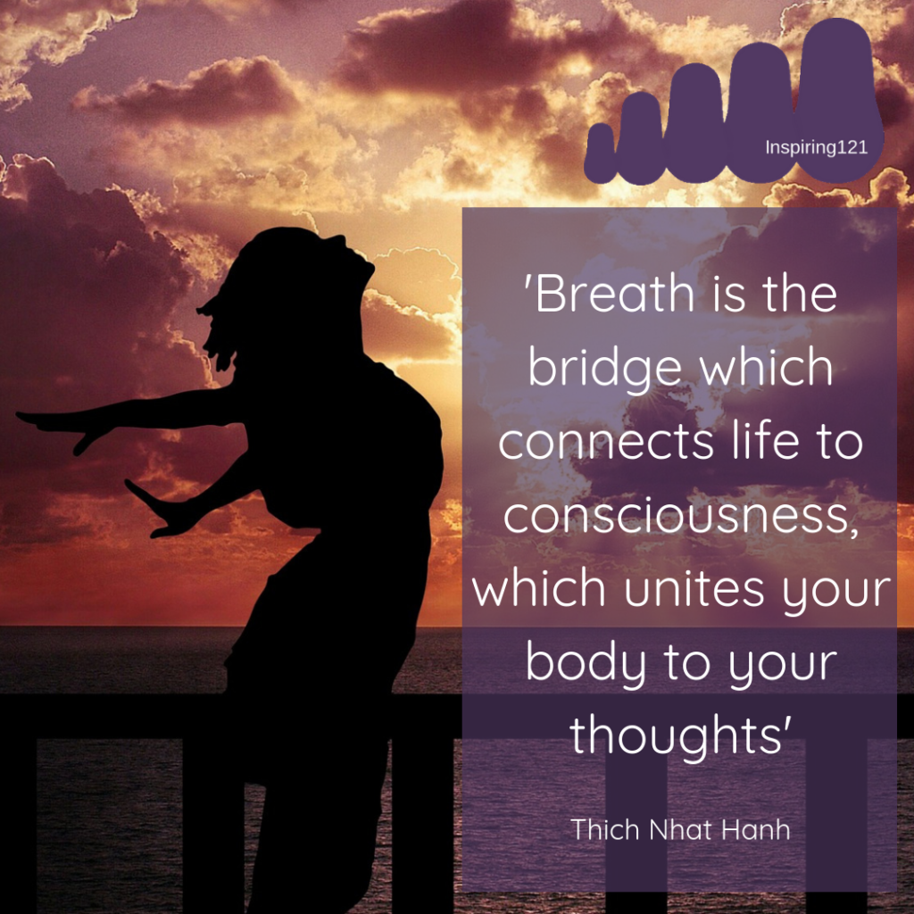 Breathing quote with sky background and woman dancing