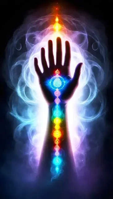 A hand with chakra colours and inner eye in the palm