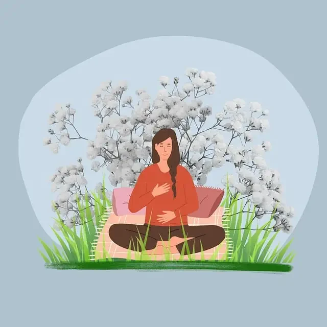 Drawing of women sitting in a yoga position holding her hands on her chest and stomach