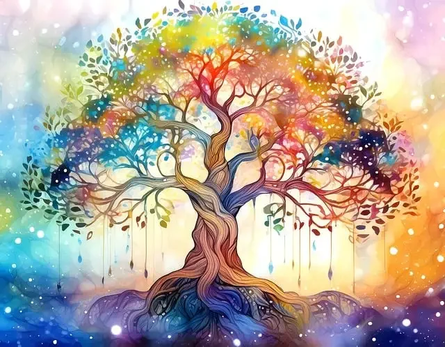 Multicoloured drawing of the tree of life
