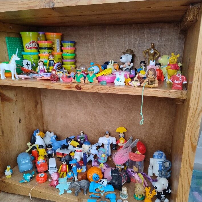 Bookshelf with various plastic toys - characters and animals sand tray therapy