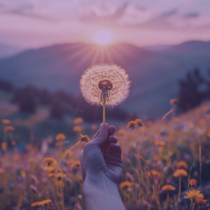 A hand holding a dandelion with a meadow and sunset in the background coaching