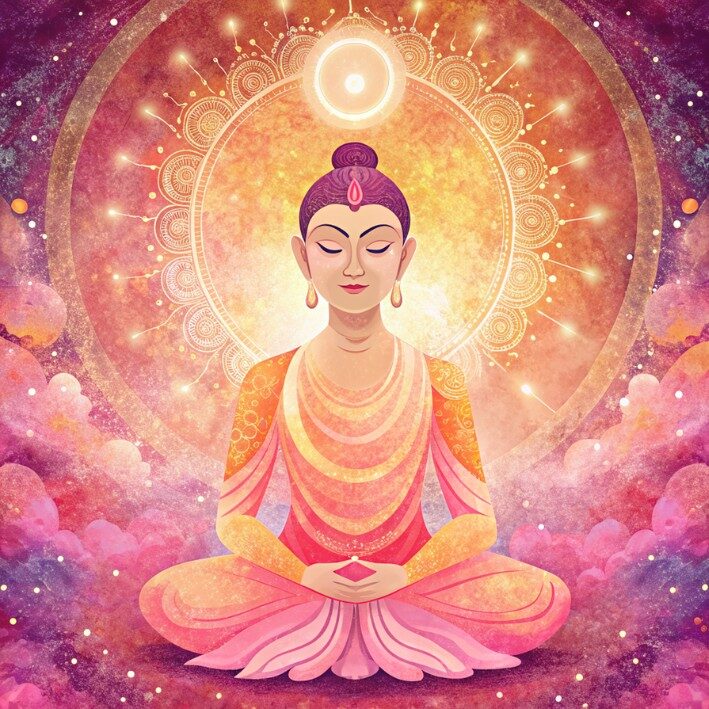 Buddha with multi coloured background reiki