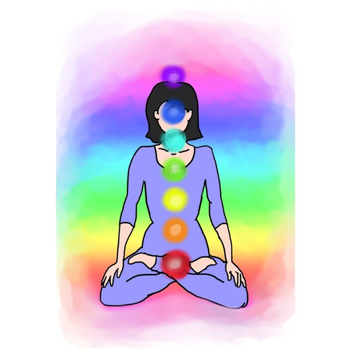 Yoga Pose with Chakras. Multi Coloured Background reiki